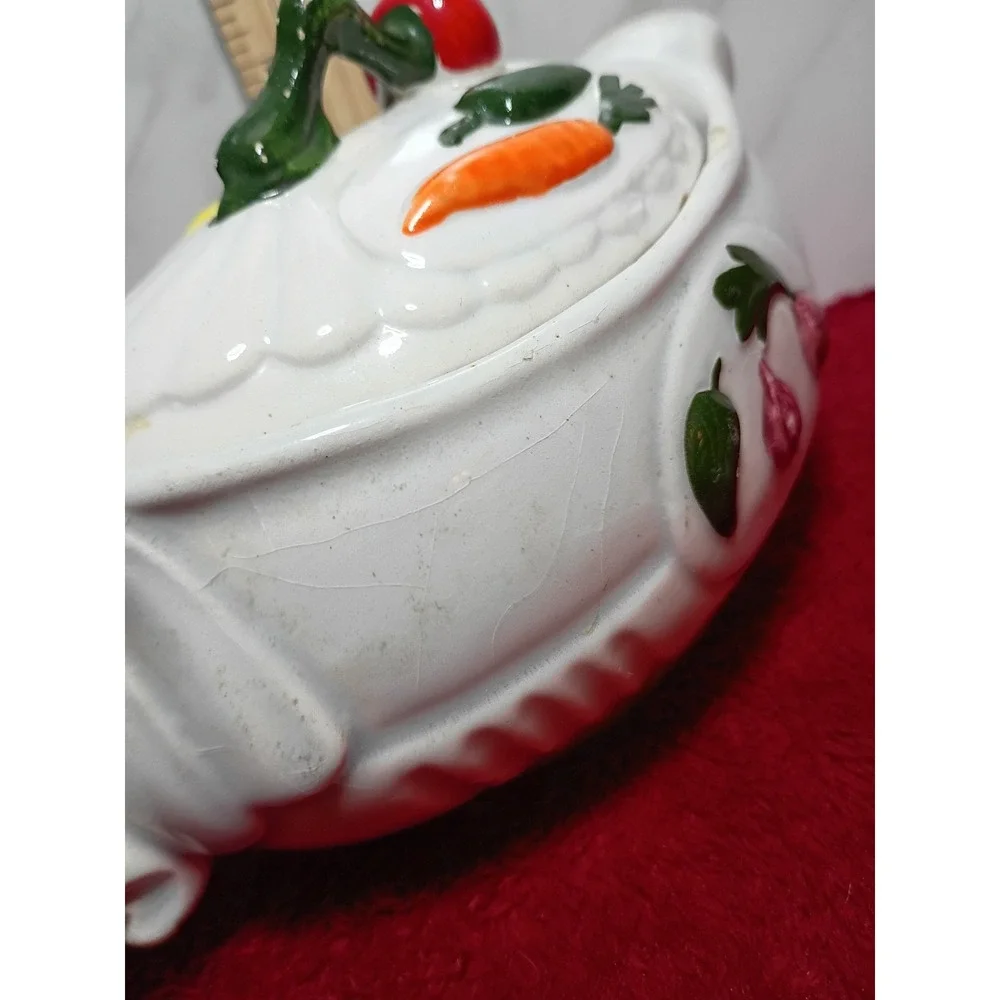 Vintage Ceramic Gravy Boat with Lid Vegetable Harvest Corn Carrot Radish White